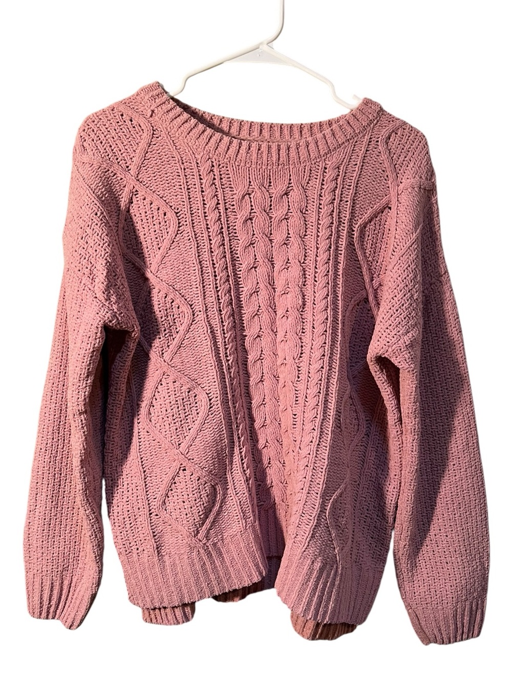 SO Womens Size Large Crewneck Sweater Chenille Light Pink Cable Knit Balloon Slv